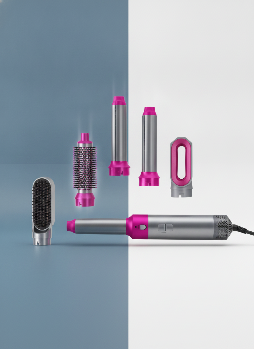 Sleek white and light gray Alisabelleza 5-in-1 Professional Straightening Brush on a slate blue and bright white surface.