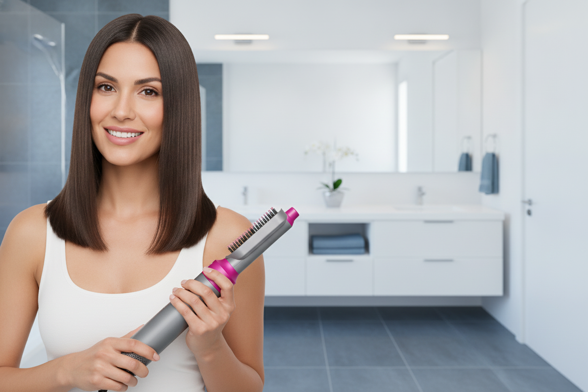 A Latina woman with sleek, shiny, straight hair smiles while holding a 5-in-1 professional hair straightener in a modern bath